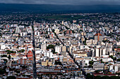 A veiw of Salta, Argentina from the viewpoint on San Bernardo Hill. At left is the red bell tower of the San Francisco Church.