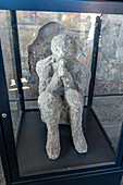 Plaster cast of a victim of the volcanic eruption, displayed in the Macellum in the ancient Roman ruins of Pompeii in Italy.
