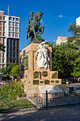 An equestrian statue of General Manuel Belgrano in the Plaza Libertad in Santiago del Estero, Argentina.