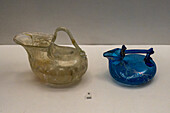 Free-blown glass askoi in the Vesuvian Life Gallery, National Archaeological Museum of Naples, Naples, Italy. Asoki are containers for pouring oil. From 1st Century Pompeii.