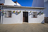 A quaint white house in El Madroño features flower pots on windowsills and a sunny exterior, typical of Andalusian architecture.