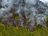 Aerial view of fire and smoke engulfing trees in a forest fire, Boeng Tuk, Tuek Chhou District, Kampot, Cambodia.