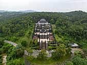Aerial view of khai dinh emperor mausoleum surrounded by lush greenery and serene landscape, Thuy Bang, Huong Thuy, Thua Thien Hue, Vietnam.