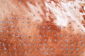 Aerial view of beautiful almond trees in a geometric pattern on rural land, Velez-Rubio, provincia de Almeria, Spain.