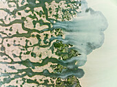 Aerial view of beautiful wetlands and marshland patterns in Bahia de Cadiz, Puerto Real, Cadiz, Spain.