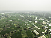 Luftaufnahme von üppigen Reisfeldern in einer ruhigen Landschaft mit kleinteiligem Ackerland, Satgram, Araihazar, Dhaka, Bangladesch.