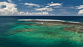 Aerial view of tropical island with beautiful turquoise water and coral reef, Sataoauta, Tuamasaga, Samoa.
