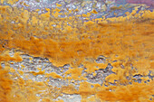 Aerial view of vibrant and abstract patterns of mineral deposits and oxidized earth, Rio Tinto, provincia de Huelva, Spain.