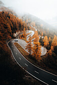 Aerial view of winding road through beautiful autumn forest and majestic mountains, Maloja, Graubunden, Switzerland.