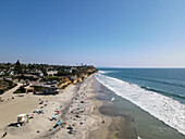 Aerial view of beautiful Moonlight Beach with sandy shore and cliffs, Encinitas, California, United States.