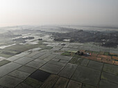Luftaufnahme von üppigen Reisfeldern und ruhigem Ackerland mit einem friedlichen Dorf, Paikar Char, Narsingdi, Dhaka, Bangladesch.
