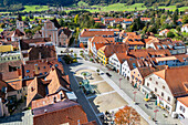 Aerial view of historic old town with colorful rooftops and main square in autumn, Frohnleiten, Styria, Austria.
