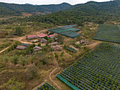 Aerial view of lush green farmland and traditional village amidst rolling hills, Tuek Chhou District, Kampot, Cambodia.