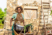 A cheerful gardener pushing a wheelbarrow and holding a box of fresh vegetables, a tray and a relaxed cat stands in front of a rustic stone house on a sunny day