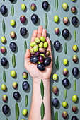 A hand holds a variety of black and green olives, accompanied by olive leaves, against a pale green background The arrangement conveys a fresh and natural aesthetic