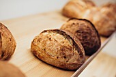 Warm and crusty loaves of bread on a wooden shelf in a bakery The golden-brown texture and rustic ambience exude the comforting aroma of fresh bread