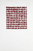 A neat, geometric arrangement of bright pomegranate seeds on a white surface that brings out their rich red colour and glossy texture. Ideal for health and food-related designs.