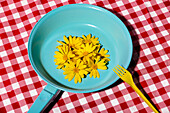 A lively scene with bright yellow flowers in a blue pan, accompanied by a yellow fork, against a red chequered tablecloth background.