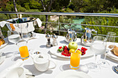 A luxurious breakfast on a hotel balcony overlooking a serene natural landscape The table is adorned with fresh fruit, juice and sparkling water amidst lush greenery