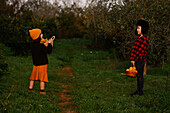 Two children in cosy clothes are busy picking oranges in a lush orchard. One child is wearing a hat and holding a basket, while the other stands with a basket full of oranges.
