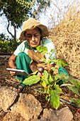 A gardener in a sun hat uses a tablet to monitor plant growth in a vegetable garden. Emphasises the integration of technology in agriculture under a bright sky.