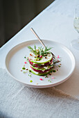 Draufsicht auf einen farbenfrohen Gourmetsalat mit abwechselnd geschnittenen Radieschen- und Gurkenscheiben, garniert mit Dill und rosa essbaren Blüten, präsentiert auf einem weißen Teller neben einem Glas Wein.