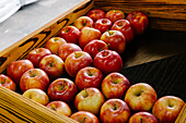 A rustic wooden crate filled with fresh red apples is neatly arranged and offers an appealing visual presentation. The natural tones of the wood complement the bright colours of the apples and enhance their organic appeal.