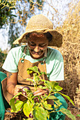A cheerful farmer in a straw hat and apron carefully harvests ripe aubergines from a plant in a sunlit garden surrounded by greenery and dry vegetation
