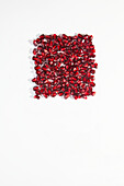 A visually appealing arrangement of bright red pomegranate seeds against a white background that emphasises their natural beauty. Perfect for the themes of nutrition, health and nature.