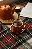 Warm and inviting scene with a cup of tea, a teapot and a chequered blanket. The soft lighting creates a cosy atmosphere, perfect for relaxing and reading by candlelight.