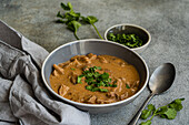 A flavoursome beef stroganoff with tender slices of meat in a creamy sauce, beautifully garnished with fresh coriander The dish is complemented by a bowl of chopped coriander