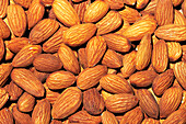 This image shows a detailed close-up of raw almonds with visible textures and natural colour tones that completely fill the frame.