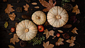 Top view of pumpkins surrounded by pine cones, leaves and pomegranates on a dark wooden surface that captures the essence of the autumn harvest and rustic decor.
