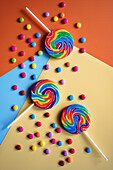 Lollipops and sweets with a modern colour block aesthetic.