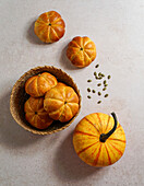 Pumpkin roll yeast bread with spices on a linen background. Thanksgiving food concept. autumn concept, top view, Halloween