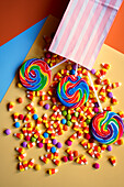 Lollipops and sweets with a modern colour block aesthetic.