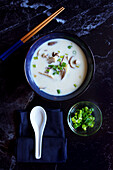 Okinawan-style vegan cream of mushroom soup made with shiitake mushrooms, plant-based milk and white miso paste.