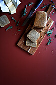Ezekiel Sprouted Grains, high-protein, high-fibre bread without flour. Negative copy space.