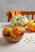 Pumpkin roll yeast bread with spices on a linen background. Thanksgiving food concept. Autumn concept, top view, Halloween