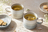 Camomile tea and biscuits. Made from tea bags in a cup.