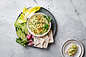 A bowl of creamy dip with herbs is served on a marble plate together with sliced cucumber, endive leaves, radishes and rice cakes.
