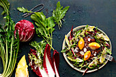 Bitter salads with balsamic port wine lentils and parmesan polenta dumplings