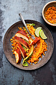 Chicken breast tandoori with lentils and sesame pointed cabbage