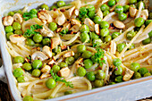 Vegan lemon and spaghetti casserole with peas