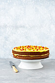 Red velvet cake with yellow frosting
