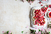 Pavlova with roasted rhubarb, raspberries and yoghurt cream