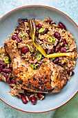 Jerk chicken with rice and peas