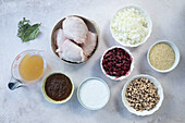 Ingredients for jerk chicken with rice and peas