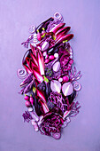 Still life of purple vegetables, view from above