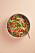 Protein pasta salad with vegan chicken substitute and cream cheese